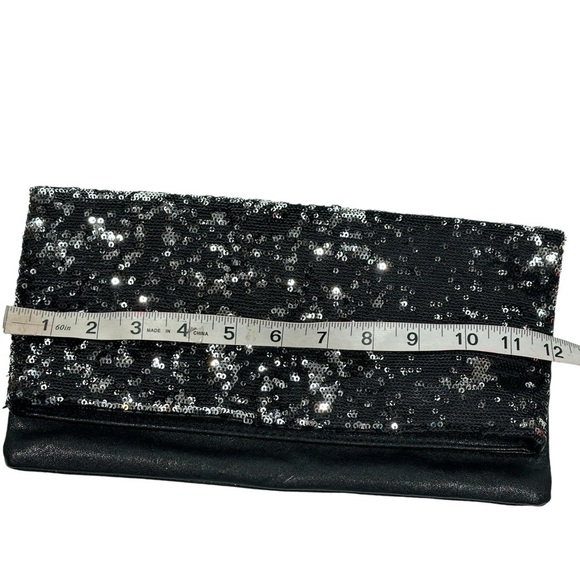 BCBGeneration Black Leather Silver Sequin Foldover Evening Clutch Zipper - Picture 3 of 9